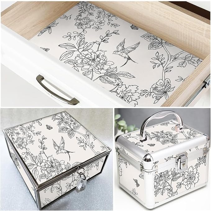 Froluya Black and Cream White Floral Wallpaper Peel and Stick Wallpaper 17.7in×590.5in Vintage Floral Contact Paper Flowers Birds Removable Self Adhesive Decorative Wall Paper for Bathroom Cabinets