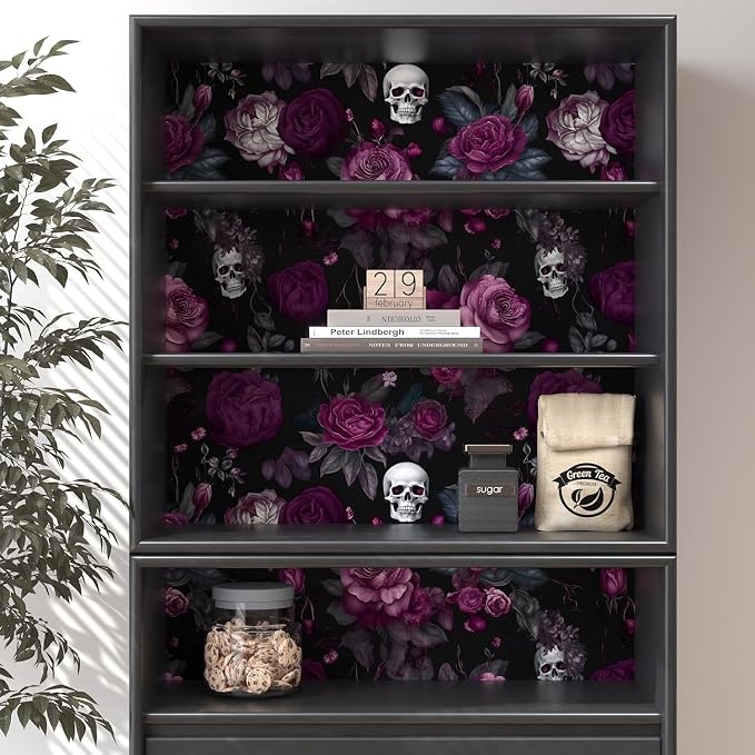 ILHIIOR Black Floral Peel and Stick Wallpaper 17.5 x 787 Inches | Leaf Removable Self Adhesive Waterproof Contact Paper, Renter Friendly Decor for Cabinets, Drawers & Bedroom Walls