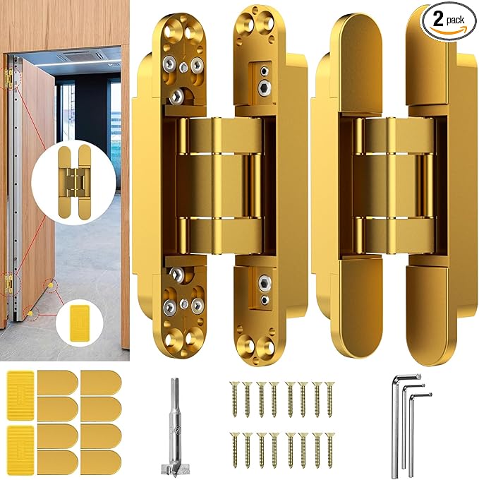 7" Hidden Door Hinge/Concealed Hinges,Invisible Hinges,Invisible Door Silent 180 Degree Swing Hinge 3-Way Adjustable Butt 7 x 2.8 x 1 (Golden, 7 inches)