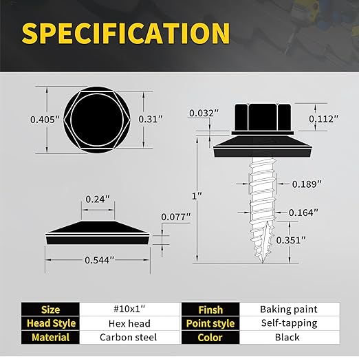 Metal Roofing Screws #10 × 1", 300 PCS, FIXLINK Baking Paint Hex Head Rubber Washer Sheet Metal Roof Screws Self Tapping Metal to Wood Siding Screws, Hex Socket Included, Black