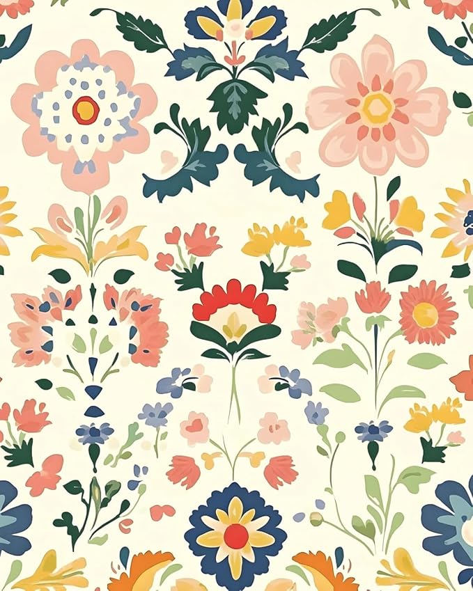 ILHIIOR Pink Floral Peel and Stick Wallpaper Boho Leaf Contact Paper Yellow Flower Removable Self Adhesive Waterproof Wall Paper for Cabinet Drawers Wall Decor Renter Friendly 17.5''x393''