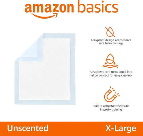 Amazon Basics Leak-Proof Dog and Puppy Potty Training Pee Pads with Quick-Dry 5-Layer Design, X-Large Size 28 x 34 Inch, Blue & White, 40-Pack