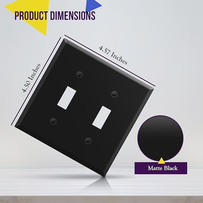 ENERLITES Double Toggle Light Switch Metal Cover Plate, Wall Plate, Corrosion Resistant, Standard Size 2-Gang 4.50" x 4.57", Powder Coated Stamped Steel, 7712-BM, Black Matte (Pack of 1)