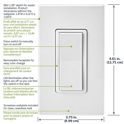 Leviton Decora Smart Switch, Wi-Fi, Works with Matter, Alexa, Google Assistant, Apple Home/Siri & Wired or Wirefree 3-Way, Neutral Wire Required, D315S-1RW, White