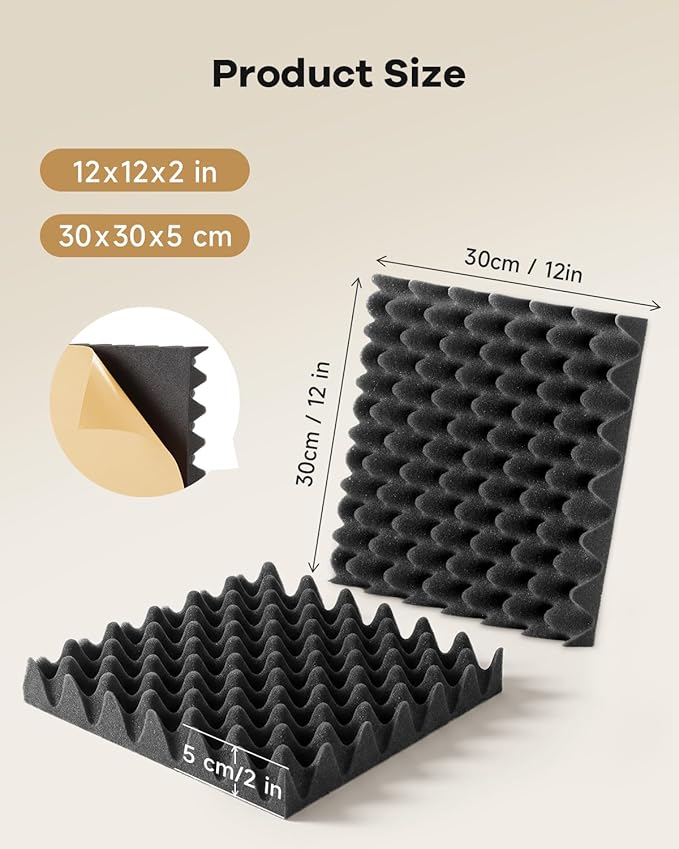 SD SODOCT 24 Pack Egg-Crate Acoustic Foam Panels, 12 x 12 x 2 Inches Self-Adhesive Sound Proof Foam Panels for Walls, High Density Acoustic Foam for Studio, Home Theater, and Recording Rooms, Black