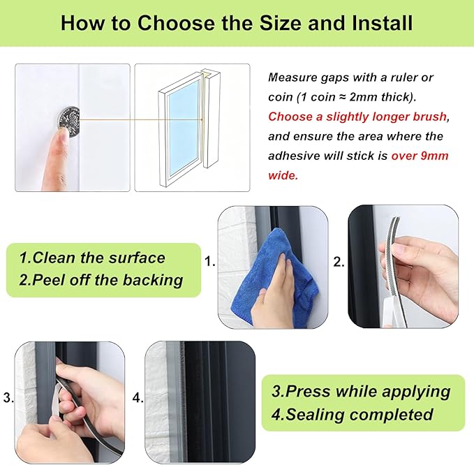 ZOMPAGO Strong Adhesive Brush Weather Stripping 0.9in (T）x 0.4in (W) x 33FT, Grey, Door Seal for Sliding Windows & Doors, Soundproof Noise Blocker, Draft Stopper for Garage Door Frame & Exterior Doors