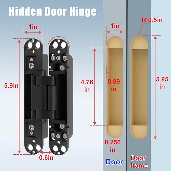 Hidden Door Hinge, 2 Pcs, Rotating Silent Design - Concealed Invisible Hinges Perfect for Invisible, Secret & Bookcase Doors, Ideal for DIY Carpenter, 3-Way Adjustable, Side Mount, 6in