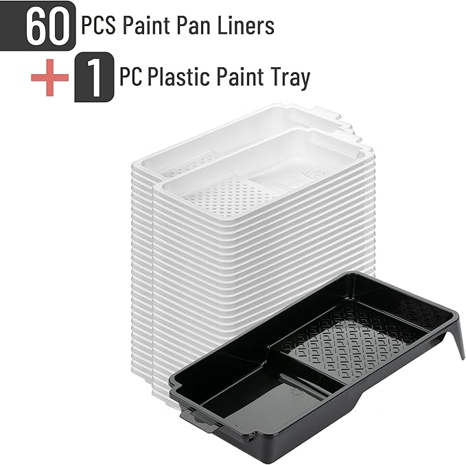 Bates- 4 Inch Paint Tray Set, 61 Pack, 1x 4 Inch Paint Roller Tray, 60x Disposable Plastic Liners, Black and White