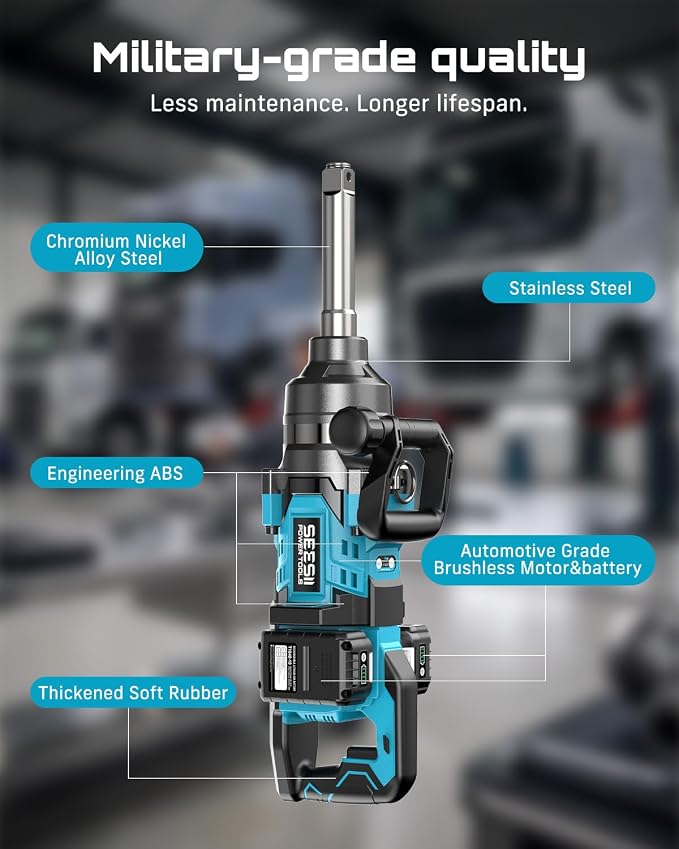 Seesii Cordless 1 inch impact gun 2581.47 FT-LBS(3500 N.m) High Torque Impact Wrench 7.88" Extended Anvil with 21V 2x5.0 Ah Battery, 5 Sockets&storage bag, for Truck,Tractor&Agri-Service,Construction