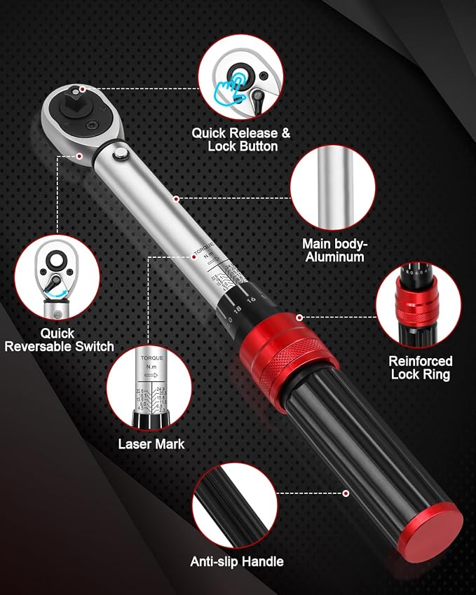 1/4inch Drive Torque Wrench Set, 32-Piece 20-220 in.lb (2.3-25 Nm) Click Bicycle Torque Wrench with Bit Sockets, 0.1 Nm Micro, 72-Tooth Ratchet, 3/8 Adapter, for MTB, E-Bike, Motorcycle