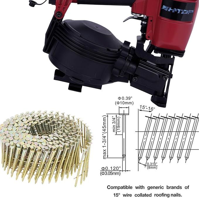 CN45N Roofing Nailer, 15 Degree Roofing Nail Gun, 3/4-Inch to 1-3/4-Inch Coil Nails, 120-pcs Load Capacity Coil Nailer in Red
