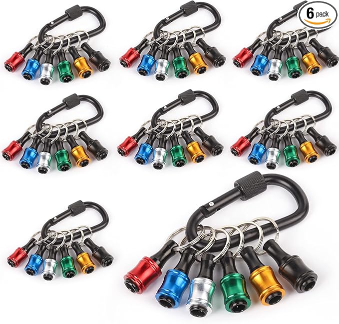 katerk 6pcs 1/4 inch Hex Shank Aluminum Alloy Screwdriver Bits Holder 8 Sets, Light-weight Quick-change Extension Bar Keychain Drill Screw Adapter Change Portable（6 Colors With Black Carabiner)