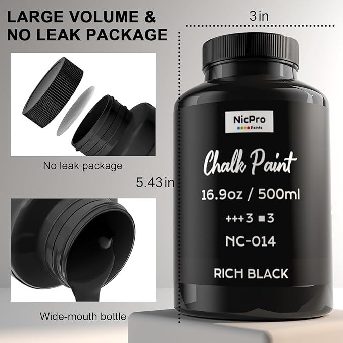 Nicpro All-in-One Black Chalk Paint for Furniture, 16.9 oz (500ml) Matte Finish Acrylic Craft Paint, Built-In Primer & Top Coat, Non-Toxic Furniture Paints for Cabinets, Wood, Metal, Home Decor