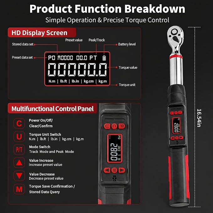 3/8" Digital Torque Wrench Set, ±2% Accuracy, 7.4–154.9 ft-lb (10–210Nm), 14/16mm Spark Plug Sockets, 6" Extension Bar, 3/8 Universal Joint for Auto & Motorcycle Repair