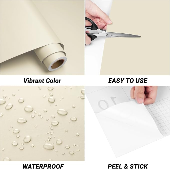 24x120 Inch Beige Contact Paper Peel and Stick SolidBeige Contact Paper for Cabinets Vinyl Wrap Beige Wallpaper Peel and Stick Solid Color Wallpaper for Bedroom Walls, Self Adhesive