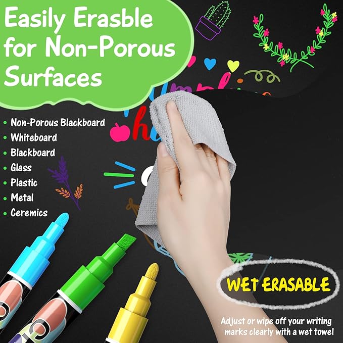 Liquid Chalk Markers Pens - 8 Colors Washable & Wet Erase Neon Chalk Makers for Blackboard, Chalkboard Signs, Glass Window, Menus, Car Windows & Event Decorations - Erasable Window Markers for Cars