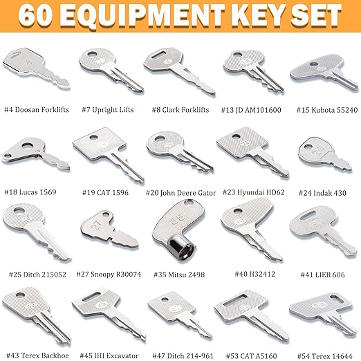 60 Construction Equipment Machinery Operator Key Set, Heavy Equipment Master Keys Set for CAT Catrepillar John Deere JCB Hyster Komatsu Kubota Takeuchi Volvo Yanmar Hitachi