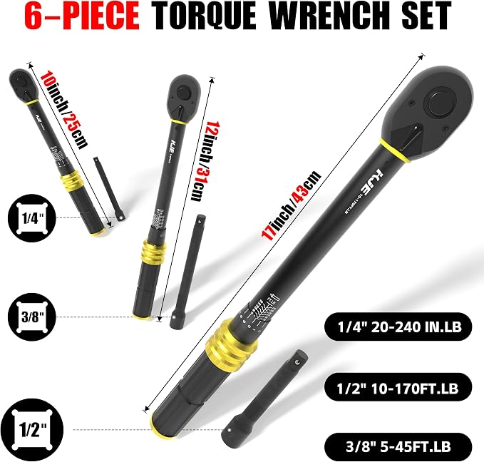 KJE 3PCS Torque Wrench Set, 1/4 & 3/8 & 1/2-Inch Drive 72-Tooth Adjustable Click Torque Wrenches, Maximum 170 ft.lb, Dual-Scales/Direction, ±3% Accuracy, For Bike, Motorcycle, Car, Lug nut, Automotive