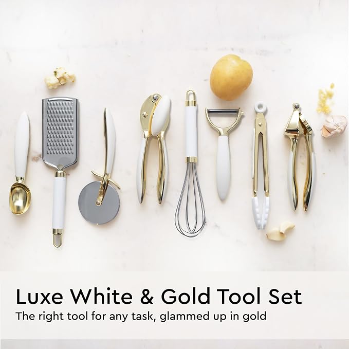 Styled Settings White and Gold Kitchen Utensils Set, 23-Piece | Stainless Steel, Gold Kitchen Accessories Include Measuring Cups, Silicone Utensils, Utensil Holder -Gold Kitchen Accessories