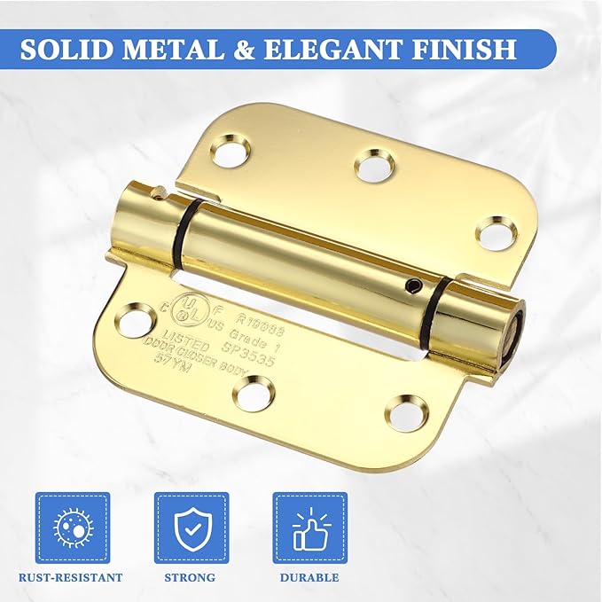 Yaocom 10 Pack Self Closing Door Hinge 3.5 Inch Spring Loaded Hinges with 5/8'' Radius Corners Automatic Door Closer Hinge Adjustable Tension for Garage, Residential(Gold)