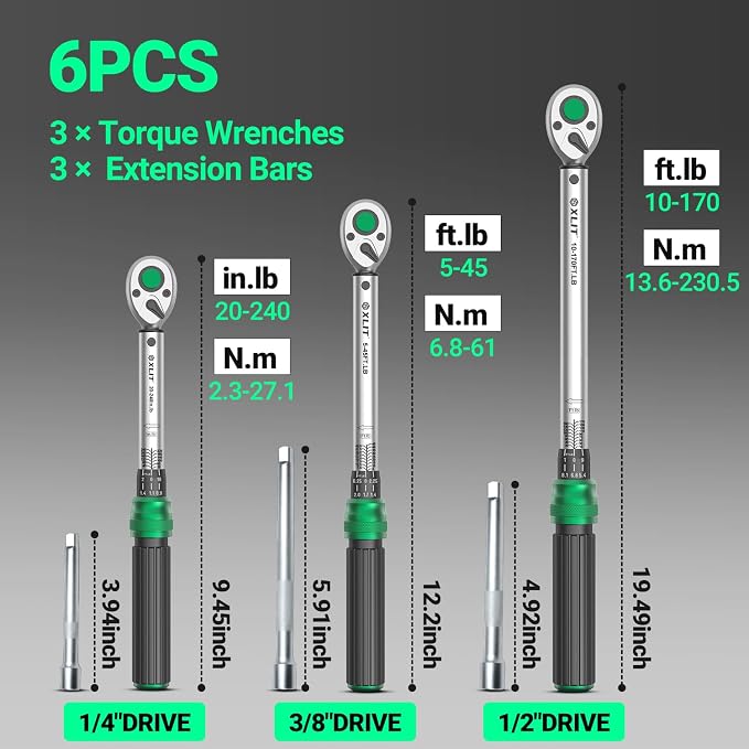 3-Piece Torque Wrench Set - 3 Click Wrenches (1/4", 3/8", 1/2") with 3pc Extension Bars, 72-Tooth Ratchet, ±3% Accuracy, for Automotive, Motorcycle & E-Bike