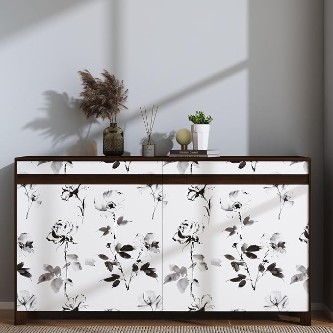 Hopepak Floral Wallpaper Peel and Stick Black and White Flower Peel and Stick Wall Paper Modern Contact Paper Removable Self Adhesive Wallpaper for Bathroom Bedroom Cabinet Decor Vinyl 17.3"×197"