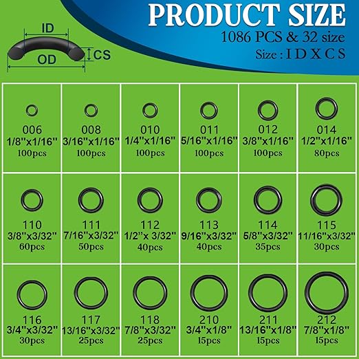 ZDBB 1086 Pcs SAE Standard O Ring Kit Nitrile Rubber O-Rings Assortment with O‘Ring Pick for Hydraulic Automotive Plumbing Faucet Seal Repair 32 Size Inch ID:1/8”-2”