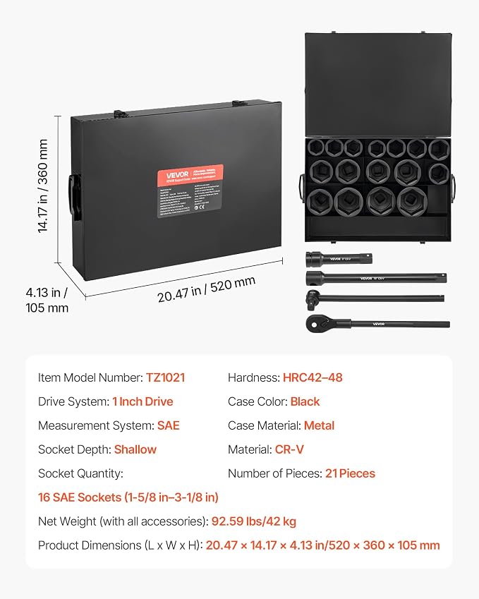VEVOR 1 in Drive Impact Socket Set, 21 Piece, SAE (1-5/8" to 3-1/8") | 6 Point Shallow Cr-V Impact Sockets, with 8 in & 18 in Extension Bars, 24 in Ratchet, Size Markings, Storage Case