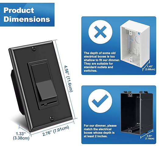 BESTTEN 6 Pack Dimmer Wall Light Switch, Compatible with Dimmable LED, CFL, Incandescent and Halogen Bulb, Single Pole or 3-Way Dimmer Switches, 120VAC, Decorator Wall Plate Included, Black