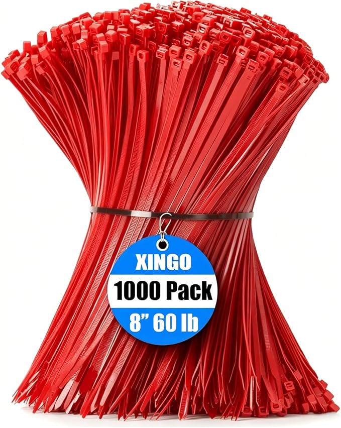 XINGO 1000 PCS Red Zip Ties 8 Inch, 60 LBS Tensile Strength, Self-Locking Nylon Plastic Nylon PA66 Wire Ties for Indoor and Outdoor Use