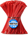 XINGO 1000 PCS Red Zip Ties 8 Inch, 60 LBS Tensile Strength, Self-Locking Nylon Plastic Nylon PA66 Wire Ties for Indoor and Outdoor Use