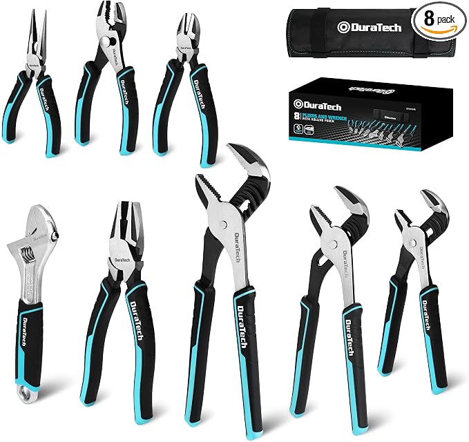 DURATECH 8-Piece Pliers Set with Rolling Pouch, Cr-V/Cr-Ni Construction | 3 Groove Joint Pliers (12", 10", 8"); 8" Adjustable Wrench; Linesman, Long Nose & Slip Joint Pliers; 6" Diagonal Pliers