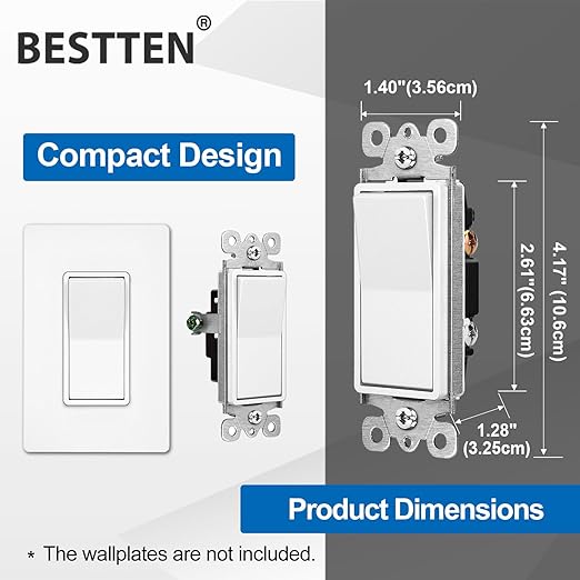 BESTTEN 10 Pack Single Pole Decorator Wall Light Switch, 15A 120/277V, Paddle Light Switch, On/Off Rocker Interrupter, UL Listed, White