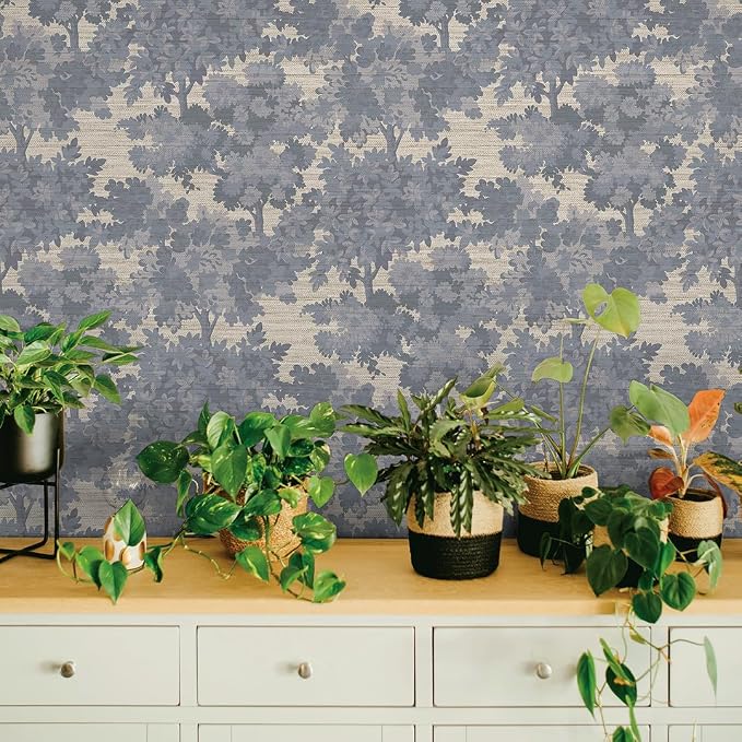 Tempaper Textured Blue Canopy Toile Faux Grasscloth Removable Peel and Stick Wallpaper, 20.5 in X 16.5 ft, Made in The USA