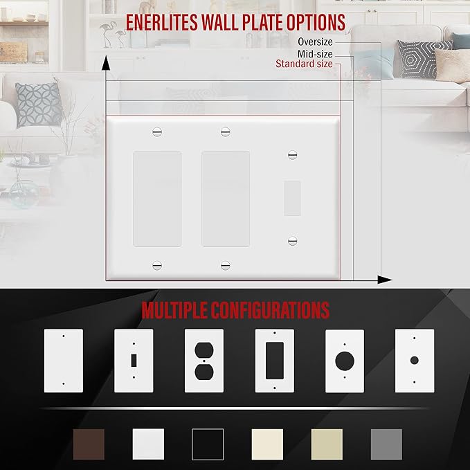 ENERLITES Combination Single Toggle/Double Decorator Rocker Outlet Wall Plate, Standard Size 3-Gang Light Switch Cover (4.5 x 6.38), Polycarbonate Thermoplastic, UL Listed, 881132-W, White, 10 Pack