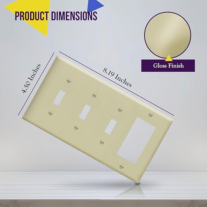 ENERLITES Combination Triple Toggle/Single Decorator Rocker Outlet Wall Plate, Standard Size 4-Gang Light Switch Cover (4.50" x 8.19"), Polycarbonate Thermoplastic, UL Listed，881331-I, Ivory
