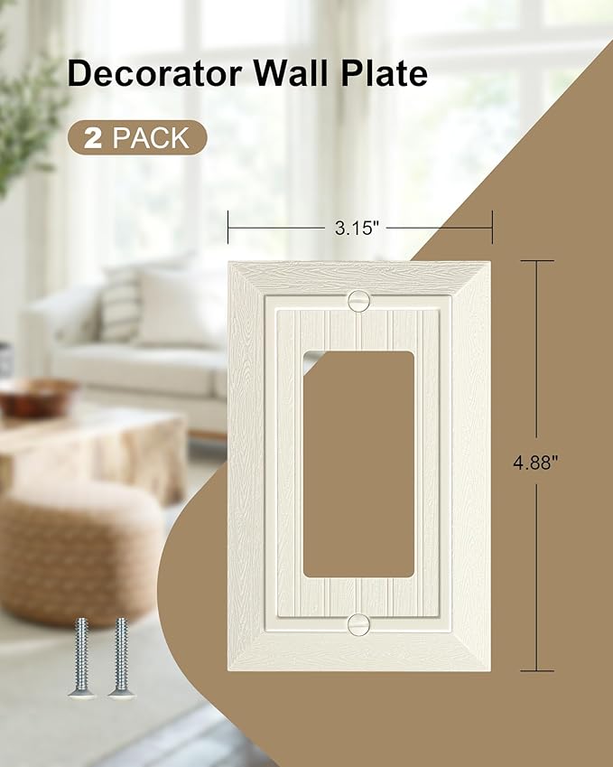 2-Pack Classic Beadboard Decorator Wall Plate Cover, Light Almond Decorative Switch Plates and Outlet Cover, Durable Unbreakable Polycarbonate Wall Plate for Electrical Outlet, Receptacle, GFCI Outlet
