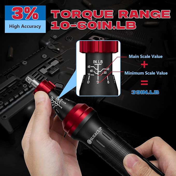 1/4" Torque Screwdriver (10-60 in-lb), 36 PCS Set for Gunsmithing | Torque Wrench Screwdriver with T-bar, Hex, Torx, and Phillips S2 Bits, for Scope and Bike Mounting, precision instruments
