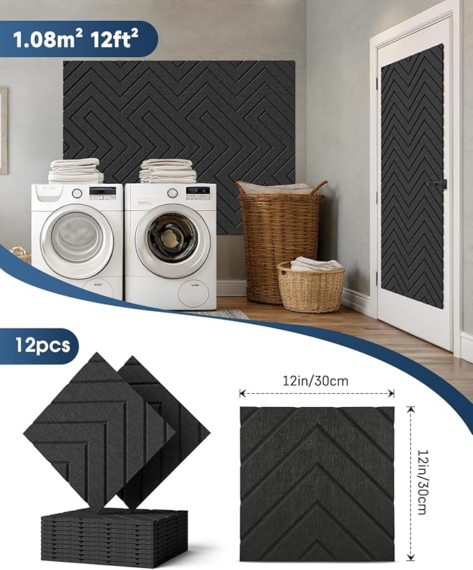 Sound Proof Foam Panels for Walls, 12 Pack Self-Adhesive Acoustic Panels, 12" X 12" X 0.4" Soundproof Wall Panels for Door, Ceiling, Home Office Black