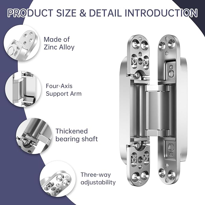 6" 2 pcs Hidden Hinges for Doors Invisible Hinges Concealed Zinc Alloy 180 Degree Swing 3 Way Adjustable Butt Silent Door Hinge 6 x 2.5 x 1 inch (Silver)