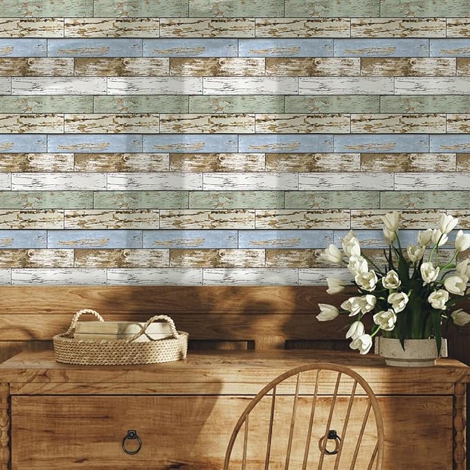 COMSTICKC Peel and Stick Faux Wood Wall Panels Shiplap Blue-Green, 10 Pcs of 12" x 12", Not Real Wood, Thin PVC 3D Fake Wood Self-Adhesive Wall Covering Wallpaper for Interior Farmhouse Decor