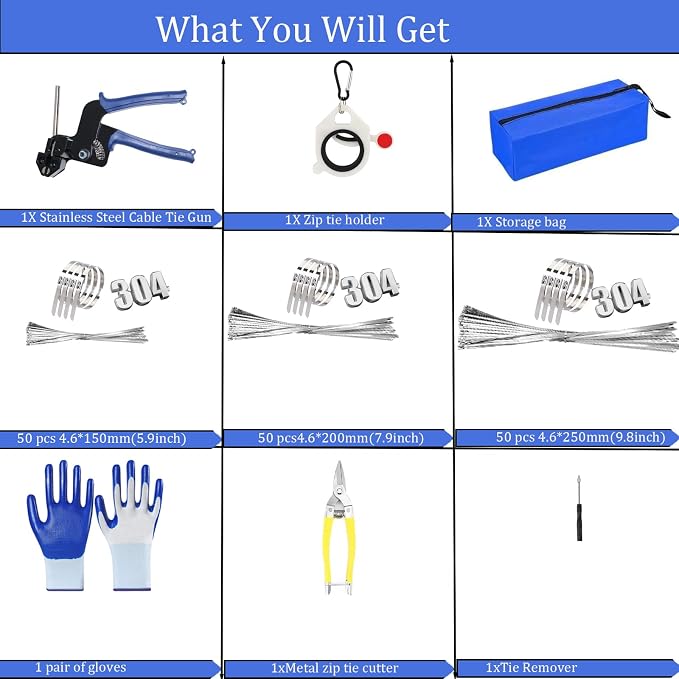 Metal Zip Ties Cutter Stainless Steel Cable Tie Gun Kit Assortment With 150pcs 304 Stainless Steel Zip Ties,Heavy Duty Outdoor For Chain Link Fence Parts Exhaust Wrap