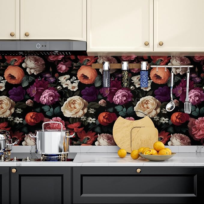 Fvlow Colorful Flower Dark Floral Peel and Stick Wallpaper 17.4" x 118" | Renter Friendly, Removable & Waterproof, Vinyl Easy Install for Bedrooms, Bathrooms, Kitchens, Cabinets and Home Decor