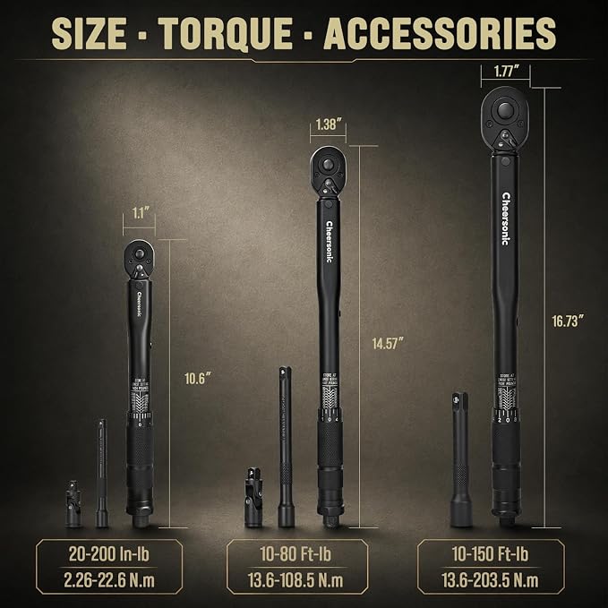 Torque Wrench Set 1/4" 3/8" 1/2" Drive 20-200 In.lb 10-80 / 10-150 Ft.lb | Reinforced Cr-V Gears, Quick-Release, Dual Scale, 98% Efficiency Boost, 2 Universal Joints & 3 Extension Bars, Storage Case