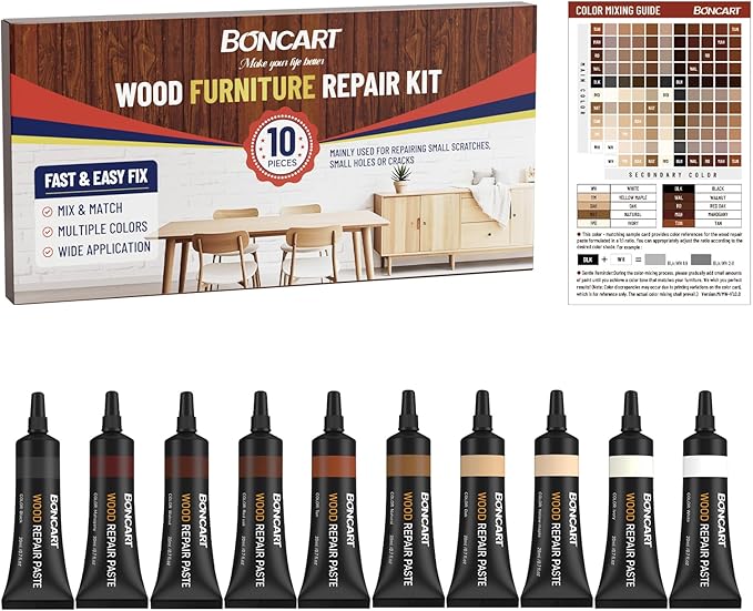 Boncart Wood Furniture Repair Kit, Wood Touch up Fillers, Repair Scratches, Cracks, Paint Chips, and Nail Holes on Furniture, Floors, Doors, Cabinets, and Tables (10 Colors)