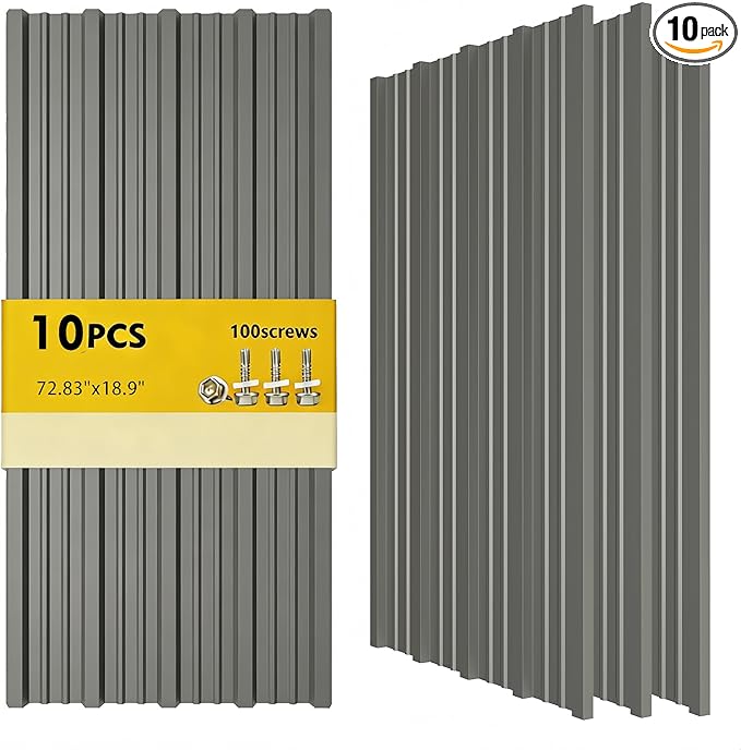 10PCS 97ft² Metal Roofing Panels 72.83”x18.9” Corrugated Metal Sheets Galvanized Exterior Siding Roofing Materials for Outdoor House Garages Sheds Pergola Gazebo Chicken Coop Stables, Gray