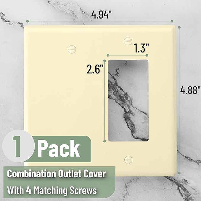 Bates- Combination Wall Plate, 4.88"x4.94", Decorator/Blank, Light Almond Unbreakable Polycarbonate Thermoplastic, 2 Gang Wall Plate for Electrical Outlets