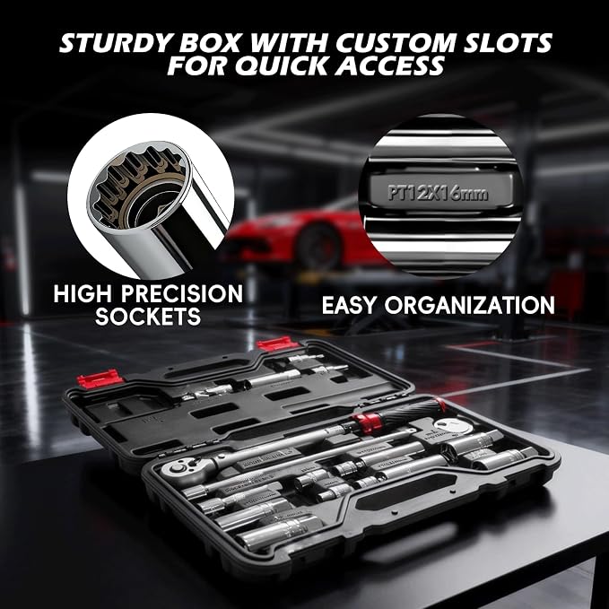 16pcs 3/8" Click Torque Wrench Spark Plug Socket Set, 5-45 Ft.lb | Dual Range Mechanical Torque Wrench with Magnetic Spark Plug Sockets, Extension Bars & Gap Gauge for Auto & Motorcycle Repair