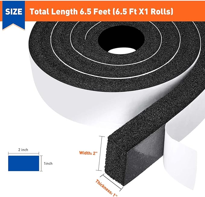 MAGZO Weather Stripping Door Seal 2 Inches W X 1 Inch T, Strong Adhesion and High Resilience Air Conditioner Foam Insulation for Furniture, Total Length 6.5 Feet (1 Roll)