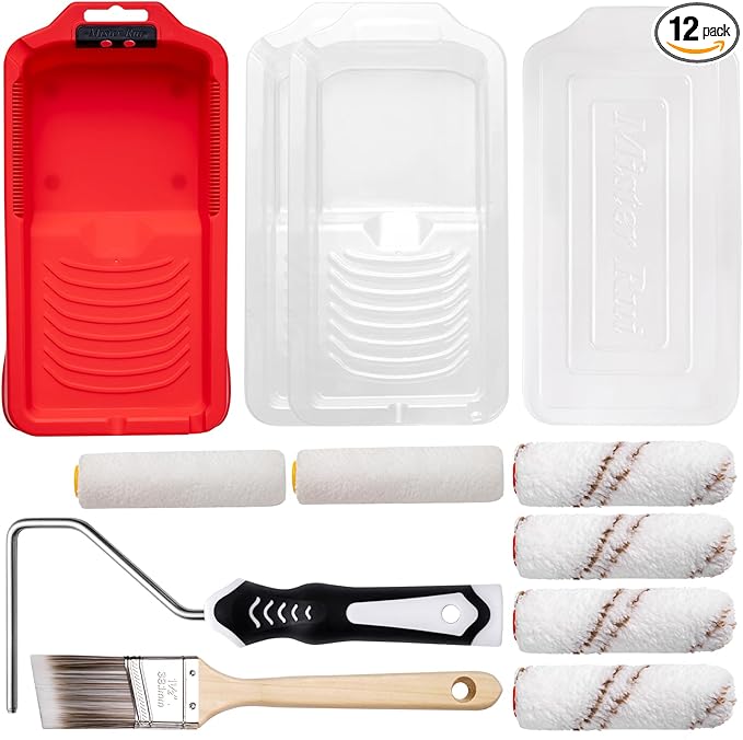 Mister Rui 4 Inch Paint Roller Kit, 12-Piece Mini Roller Set with 6 Microfiber Sleeves, Tray, Liner & Cover, Handle, 1.5" Angled Brush - for Walls, Cabinets, DIY & Pro Painting